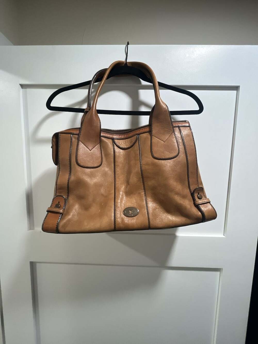Fossil Vintage Reissue Leather Satchel Handbag in Whiskey Brown with Key Charm